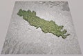 Satellite view of Cremona province, Lombardia region. Italy. 3d rendering. Physical map, plains, mountains, lakes, mountain range