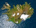 Satellite view of Iceland, map. Glaciers and fjords seen from above. 3d render. Reykjavik