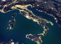 Satellite view of Italy, physical map, South Europe. Night view. City lights