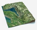 Satellite view of the largest fjord in the Mediterranean. The Bay of Kotor, Boka. 3d render. Section of the fjord. Map