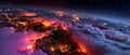 Satellite view of massive wildfires consuming land at night across densely populated continent Royalty Free Stock Photo