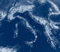 Satellite view of the Mediterranean Sea. Italy, the Balkans and the coasts of Greece. Mountainous reliefs.