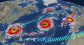 Satellite view of multiple powerful atlantic hurricanes forming and tracking across the ocean with storm paths visualized Royalty Free Stock Photo