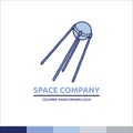 Satellite white, blue and gray universe vector cartoon illustration isolated space cosmos logo