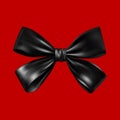 Satin black bow on a red background. Realistic commemorative event invitation design. An elegant object.