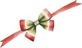 Satin colorful bow with strips, on the red ribbon, watercolor vector illustration and christmas element.