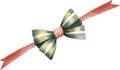 Satin green bow with white strips, on the red ribbon, watercolor vector illustration and christmas element. Royalty Free Stock Photo