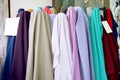 Satin has many colors. Fabric pastel color sell on market. Cloth texture background. Royalty Free Stock Photo