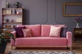 Satin pillows on a pink velvet sofa in a luxurious living room i Royalty Free Stock Photo