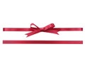 Satin red ribbon isolated on white, birthday decoration strip. Packaging detail. Holiday symbol. Christmas decor