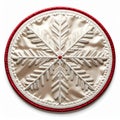 Satin Snowflake Ornament with Red Trim On White Background Close Up Royalty Free Stock Photo