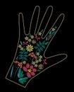 Satin stitch embroidery design with colorful flowers. Folk line floral trendy pattern on glove decor. Ethnic fashion Royalty Free Stock Photo