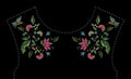 Satin stitch embroidery design with flowers and birds. Folk line floral trendy pattern for dress neckline. Ethnic