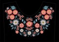 Satin stitch embroidery design with flowers. Folk line floral trendy pattern for dress neckline. Ethnic colorful fashion