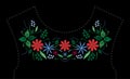 Satin stitch embroidery design with flowers. Folk line floral trendy pattern for dress neckline. Ethnic fashion ornament