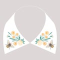 Satin stitch embroidery design with yellow flowers and bee. Folk line floral trendy pattern for dress collar. Natural