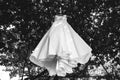 Satin wedding dress with train is hanging on the tree. Elegant outdoor photo.