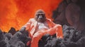 Satirical Wildlife Art: Man In Orange Suit Sitting In Front Of Lava