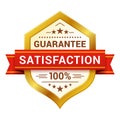 Satisfaction guaranteed badge with ribbon, stars, gold frame. 100 percent risk free, high quality. Royalty Free Stock Photo