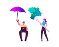 Satisfaction of Human Needs Concept. Woman Hold Huge Fork with Broccoli, Man Working on Laptop under Umbrella Royalty Free Stock Photo