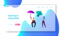 Satisfaction of Human Needs Landing Page Template. Woman Hold Huge Fork with Broccoli, Man Working on Laptop Royalty Free Stock Photo