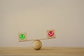Satisfaction survey concept: Symbol icon smiley face and a sad face on wood block cube a balance scale in unalike. depicts the