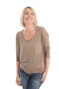 Satisfied attractive middle aged isolated smiling blond woman. Royalty Free Stock Photo