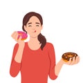 Satisfied beautiful girl eats donuts bought in store with fresh pastries and sweet desserts. Woman eats high-calorie buns covered Royalty Free Stock Photo