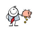 Satisfied businessman turned over a piggy bank and shakes coins out of bank. Vector illustration of a man in a business Royalty Free Stock Photo