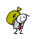 Satisfied cartoon businessman carries a huge bag of money on his back. Vector illustration of a man dragging cash from a