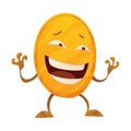 Satisfied coin. Icon for the game apps interface. Cartoon image of funny golden coin with arms and legs, emotions on a