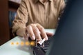 Satisfied customer experience concept, happy business customer using laptop, the best review, High quality service, Most rated, Royalty Free Stock Photo