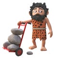Satisfied 3d cartoon caveman character has a hand cart full of rocks. Life is good, 3d illustration