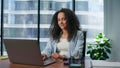 Satisfied director enjoy good results in panoramic place. Girl leaning chair Royalty Free Stock Photo