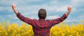 Satisfied farmer raising hands in blooming canola rapeseed field, rear view Royalty Free Stock Photo