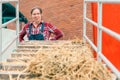 Satisfied happy female farmer with hay wagon