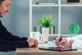 Satisfied happy female patient in hospital office after medical Royalty Free Stock Photo