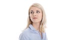 Satisfied isolated young business woman looking sideways. Royalty Free Stock Photo