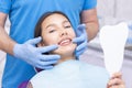 Satisfied patient at the dentist. who demonstrates his perfect smile after treatment