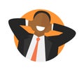 Satisfied relaxing black man flat icon. Work done concept. Happy impersonal businessman. Isolated image