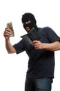 Satisfied robber takes money from stolen wallet. Royalty Free Stock Photo