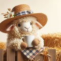 Satisfied sheep in a hat and with a cup. Royalty Free Stock Photo