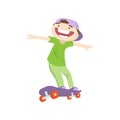 Happy smiling boy skateboarding fast on white background