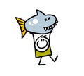 Satisfied stickman fisherman has caught a big dangerous shark and carries the prey over his head. Vector illustration of