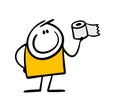 Satisfied stickman goes to the toilet and holds toilet paper for advertising. Vector illustration of a funny character