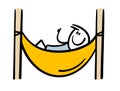 A satisfied stickman is resting, lying in a hammock shows a sign of ok. Vector illustration of relaxing guy on vacation. Royalty Free Stock Photo