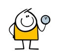 Satisfied stickman is resting and playing bowling. Vector illustration of a character holding a heavy ball with three