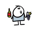 Satisfied stickman sommelier demonstrates grapes and French wine. Vector illustration of a man with berries and an