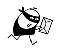 Satisfied stickman thief runs away from police and holds envelope with letter in his hands. Vector illustration man