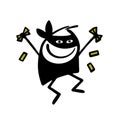 Satisfied thief in black mask stolen bank money and is dancing merrily, jumping off, throwing banknotes. Vector